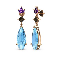 Akuamarin, dumanlı kuvars ve ametist 18 ayar rose altın küpe