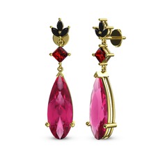 Pembe kuvars, garnet ve siyah zirkon 14 ayar altın küpe