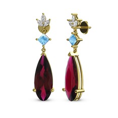 Rodolit garnet, akuamarin ve beyaz zirkon 14 ayar altın küpe