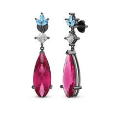 Pembe kuvars, swarovski ve akuamarin 925 ayar siyah rodyum kaplama gümüş küpe