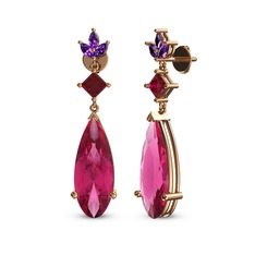 Pembe kuvars, rodolit garnet ve ametist 14 ayar rose altın küpe