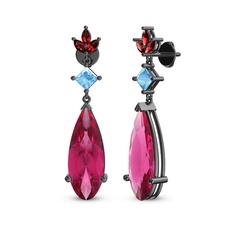Pembe kuvars, akuamarin ve garnet 925 ayar siyah rodyum kaplama gümüş küpe