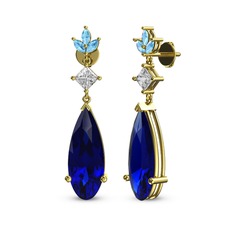 Lab safir, swarovski ve akuamarin 8 ayar altın küpe