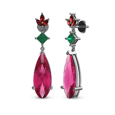 Pembe kuvars, yeşil kuvars ve garnet 14 ayar beyaz altın küpe