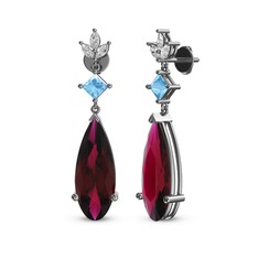 Rodolit garnet, akuamarin ve beyaz zirkon 14 ayar beyaz altın küpe