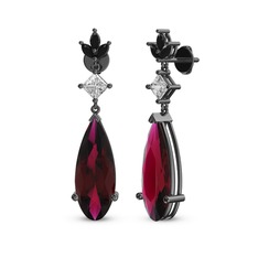 Rodolit garnet, beyaz zirkon ve siyah zirkon 925 ayar siyah rodyum kaplama gümüş küpe