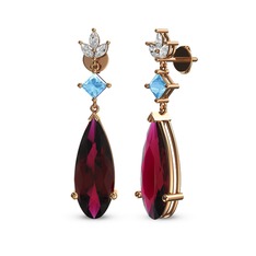 Rodolit garnet, akuamarin ve beyaz zirkon 18 ayar rose altın küpe