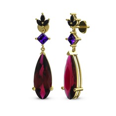 Rodolit garnet, ametist ve siyah zirkon 14 ayar altın küpe