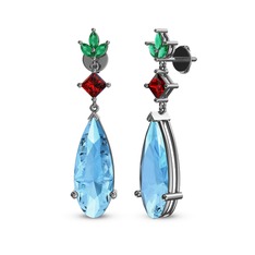 Akuamarin, garnet ve yeşil kuvars 8 ayar beyaz altın küpe