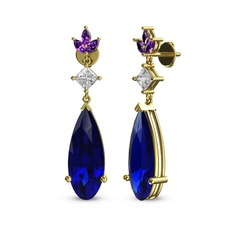 Lab safir, swarovski ve ametist 8 ayar altın küpe