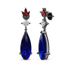 Lab safir, beyaz zirkon ve garnet 925 ayar siyah rodyum kaplama gümüş küpe