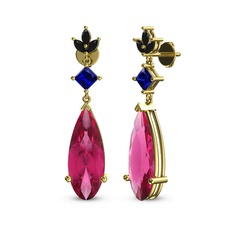 Pembe kuvars, lab safir ve siyah zirkon 18 ayar altın küpe