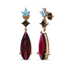 Rodolit garnet, dumanlı kuvars ve akuamarin 14 ayar rose altın küpe