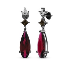 Rodolit garnet, dumanlı kuvars ve beyaz zirkon 925 ayar siyah rodyum kaplama gümüş küpe