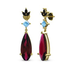 Rodolit garnet, akuamarin ve siyah zirkon 8 ayar altın küpe
