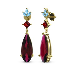 Rodolit garnet, garnet ve akuamarin 8 ayar altın küpe