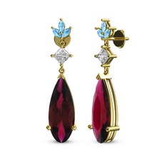 Rodolit garnet, beyaz zirkon ve akuamarin 925 ayar altın kaplama gümüş küpe