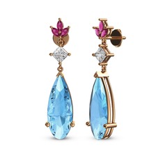 Akuamarin, beyaz zirkon ve rodolit garnet 925 ayar rose altın kaplama gümüş küpe