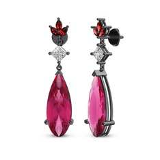 Pembe kuvars, beyaz zirkon ve garnet 925 ayar siyah rodyum kaplama gümüş küpe