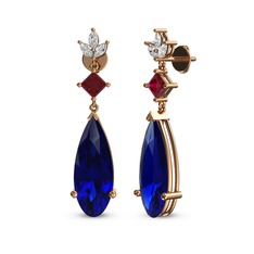 Lab safir, rodolit garnet ve beyaz zirkon 14 ayar rose altın küpe