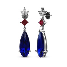 Lab safir, rodolit garnet ve beyaz zirkon 8 ayar beyaz altın küpe
