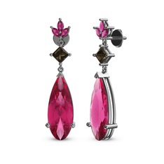 Pembe kuvars, dumanlı kuvars ve rodolit garnet 18 ayar beyaz altın küpe