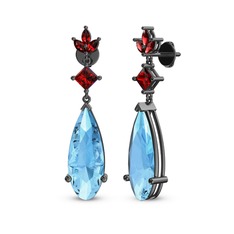 Akuamarin ve garnet 925 ayar siyah rodyum kaplama gümüş küpe