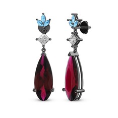 Dillon Küpe - Rodolit garnet, swarovski ve akuamarin 925 ayar siyah rodyum kaplama gümüş küpe #1ulrrmu