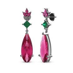 Pembe kuvars, yeşil kuvars ve rodolit garnet 14 ayar beyaz altın küpe
