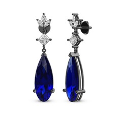 Lab safir, swarovski ve beyaz zirkon 925 ayar siyah rodyum kaplama gümüş küpe