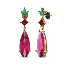Pembe kuvars, garnet ve yeşil kuvars 18 ayar rose altın küpe