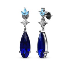Lab safir, swarovski ve akuamarin 8 ayar beyaz altın küpe