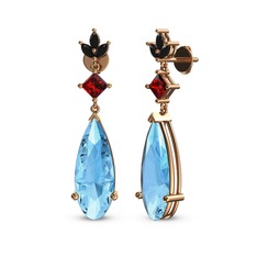 Akuamarin, garnet ve siyah zirkon 14 ayar rose altın küpe