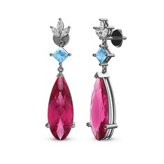 Pembe kuvars, akuamarin ve beyaz zirkon 18 ayar beyaz altın küpe