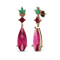 Pembe kuvars, rodolit garnet ve yeşil kuvars 18 ayar rose altın küpe