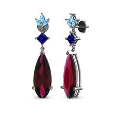 Rodolit garnet, lab safir ve akuamarin 18 ayar beyaz altın küpe