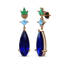 Lab safir, akuamarin ve yeşil kuvars 18 ayar rose altın küpe