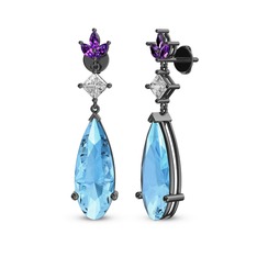 Dillon Küpe - Akuamarin, swarovski ve ametist 925 ayar siyah rodyum kaplama gümüş küpe #3o5m8f
