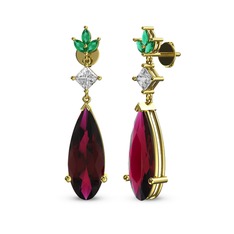 Rodolit garnet, swarovski ve yeşil kuvars 18 ayar altın küpe