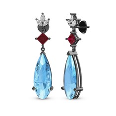 Akuamarin, rodolit garnet ve beyaz zirkon 925 ayar siyah rodyum kaplama gümüş küpe