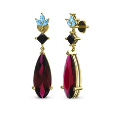 Rodolit garnet, siyah zirkon ve akuamarin 8 ayar altın küpe