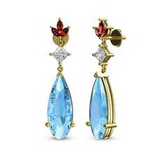 Akuamarin, swarovski ve garnet 14 ayar altın küpe