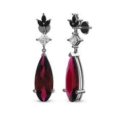 Rodolit garnet, beyaz zirkon ve siyah zirkon 14 ayar beyaz altın küpe
