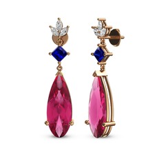 Pembe kuvars, lab safir ve beyaz zirkon 14 ayar rose altın küpe