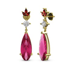 Pembe kuvars, swarovski ve garnet 18 ayar altın küpe