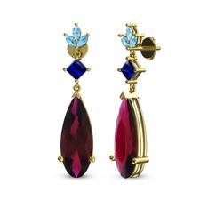 Rodolit garnet, lab safir ve akuamarin 8 ayar altın küpe