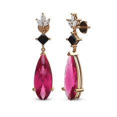 Pembe kuvars, siyah zirkon ve beyaz zirkon 14 ayar rose altın küpe