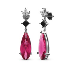 Pembe kuvars, siyah zirkon ve beyaz zirkon 8 ayar beyaz altın küpe