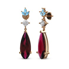 Rodolit garnet, swarovski ve akuamarin 18 ayar rose altın küpe