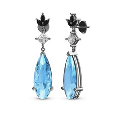 Akuamarin, swarovski ve siyah zirkon 14 ayar beyaz altın küpe
